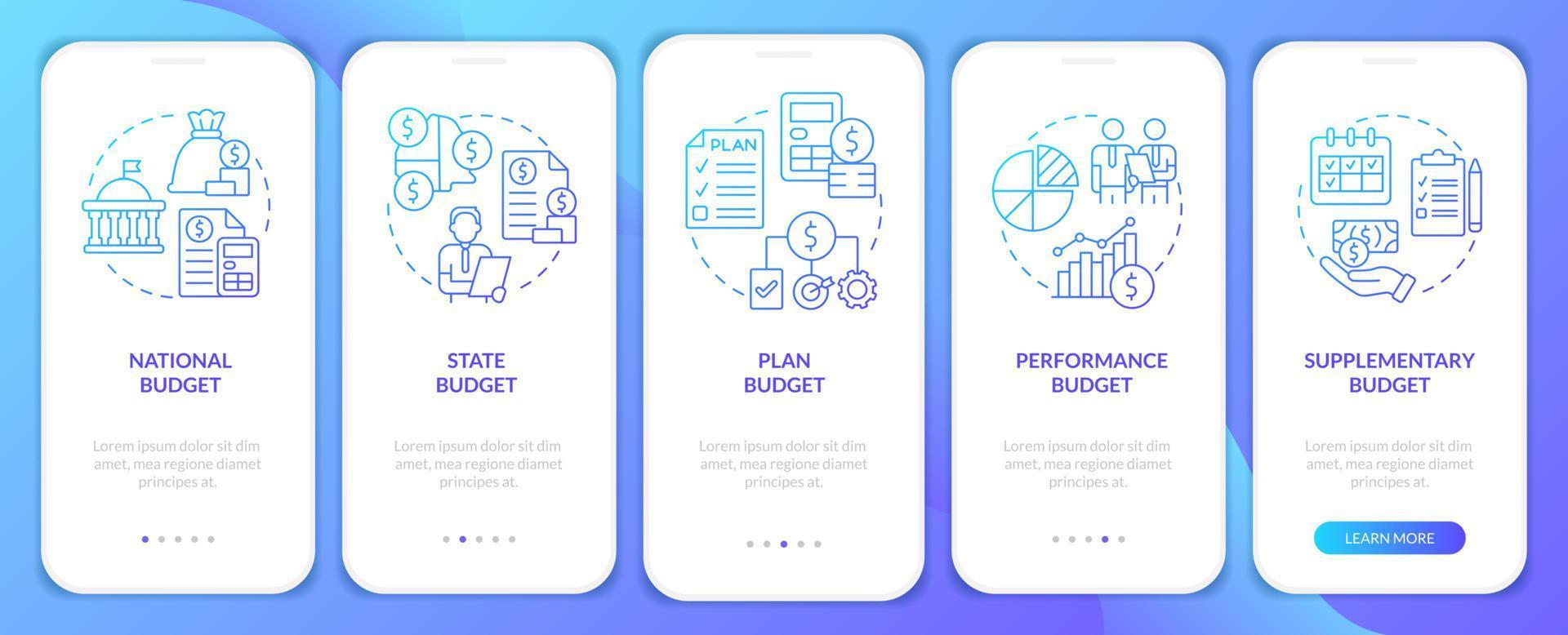 Budget types blue gradient onboarding mobile app screen. Walkthrough 5 steps graphic instructions pages with linear concepts. UI, UX, GUI template. vector