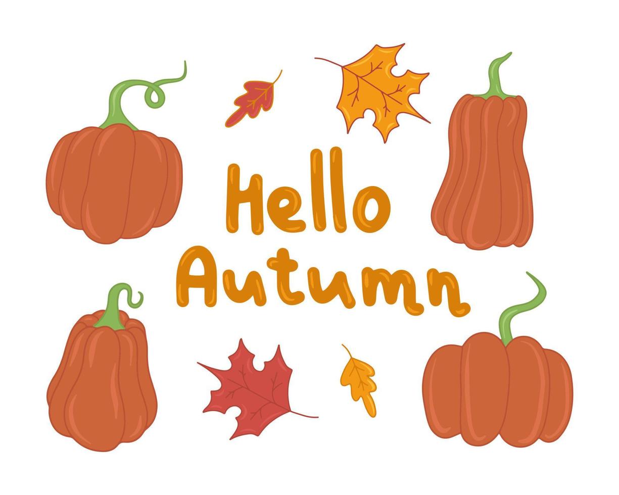 Autumn pumpkin and leaves flat vector isolated illustration