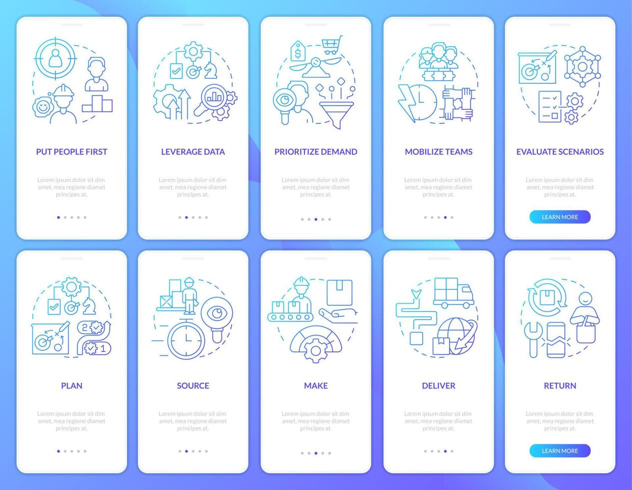 Supply chain priorities blue gradient onboarding mobile app screen set. Walkthrough 5 steps graphic instructions with linear concepts. UI, UX, GUI template. vector