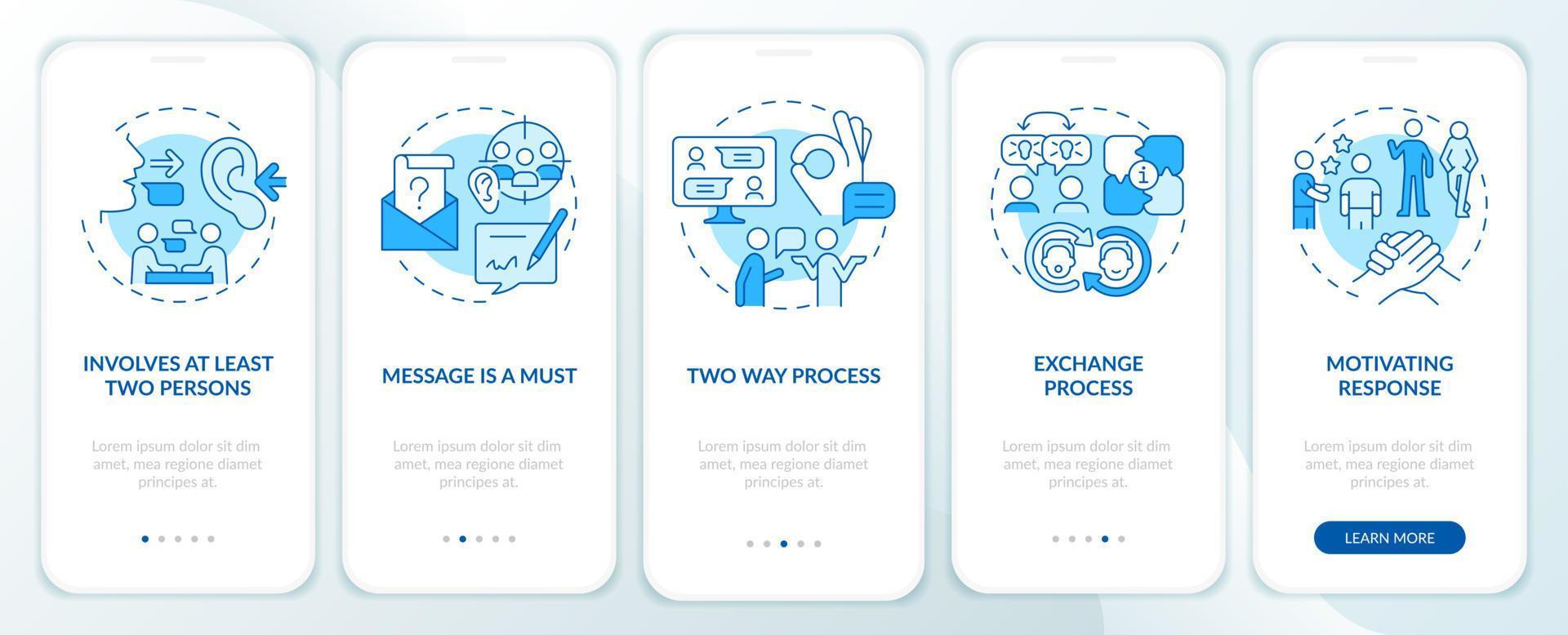 Characteristics of communication blue onboarding mobile app screen. Walkthrough 5 steps graphic instructions pages with linear concepts. UI, UX, GUI template. vector