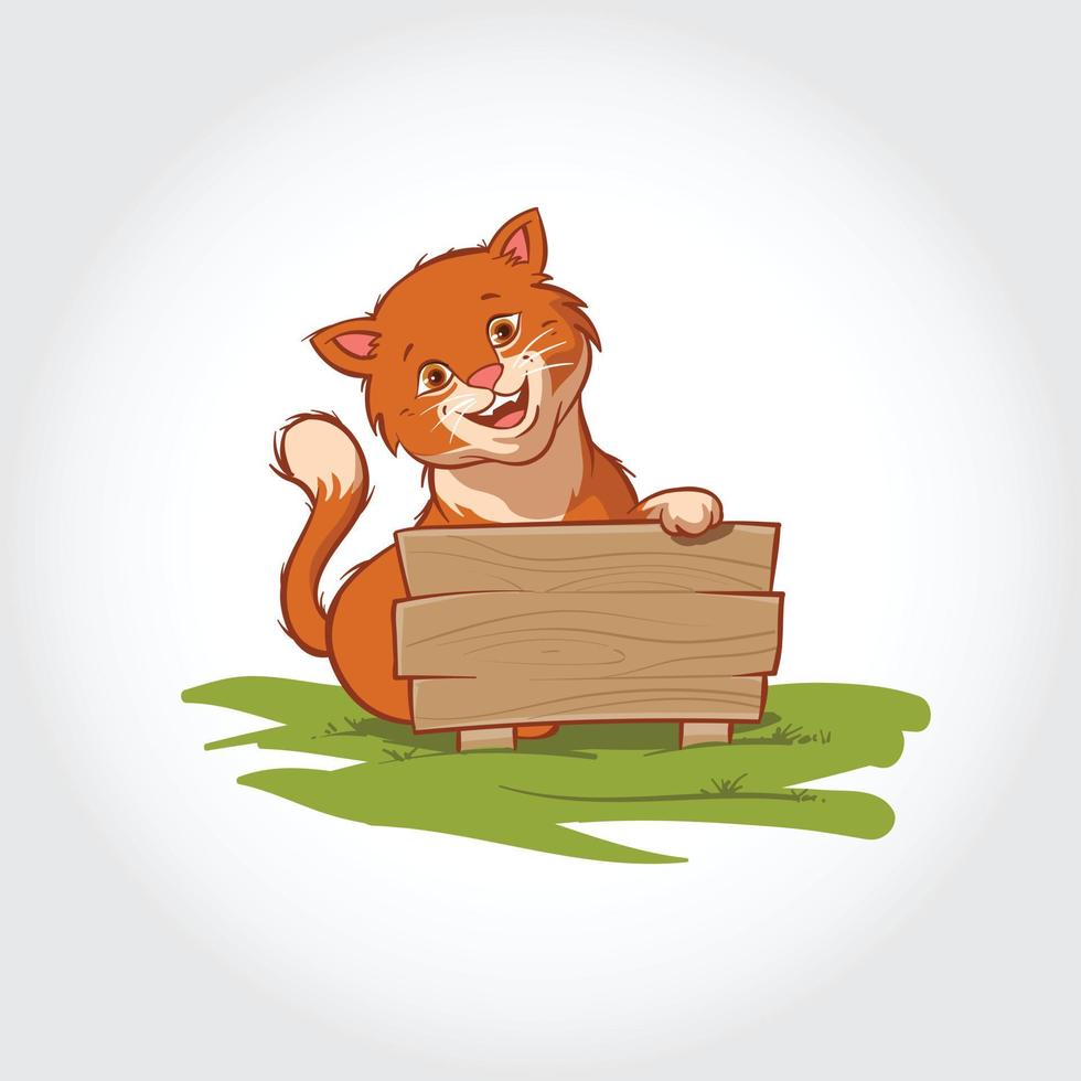 personaje de dibujos animados de mascota de gato. ilustración vectorial de este gato parado detrás de una tabla de madera y sonriendo. vector