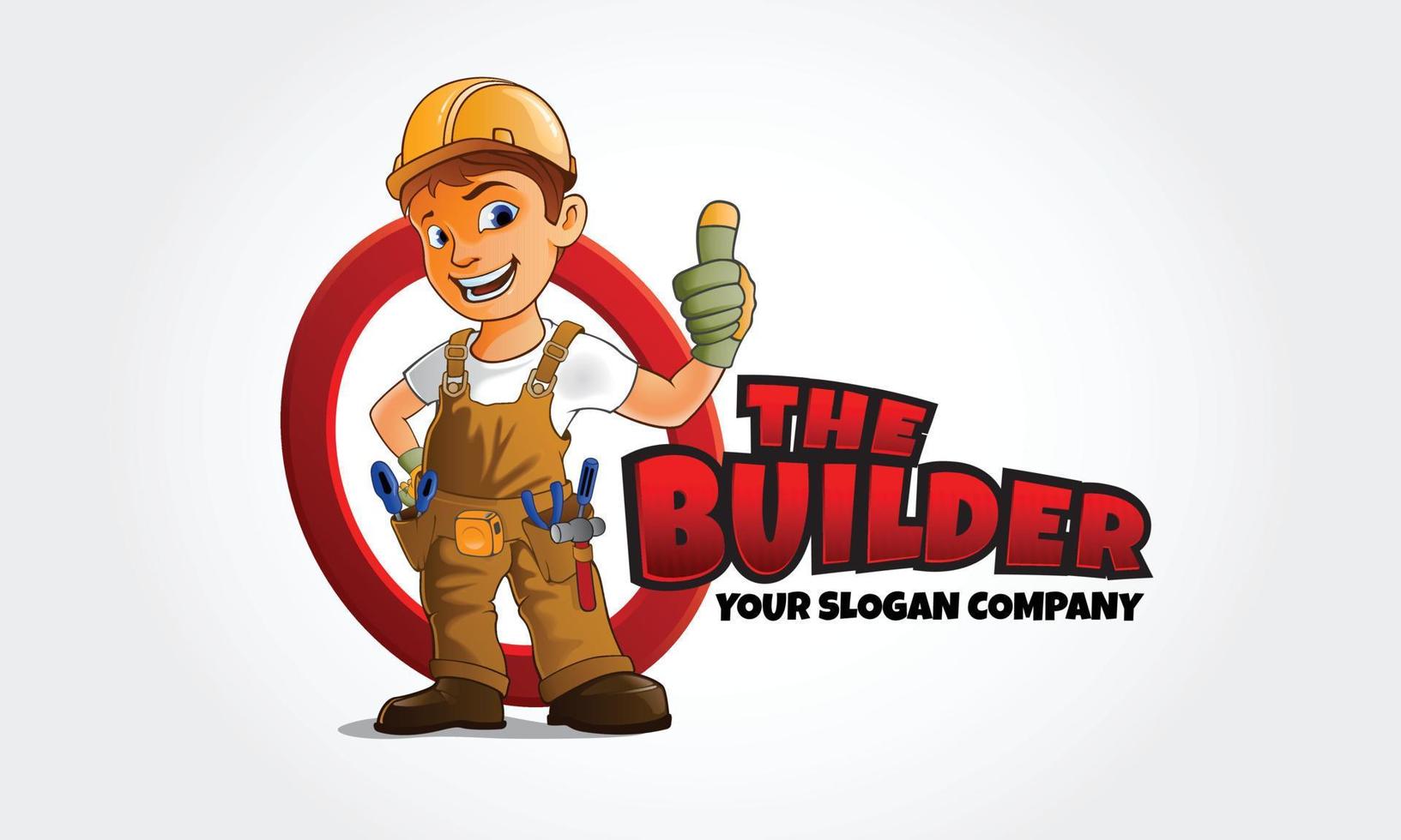 la caricatura del logo de la mascota del constructor. pulgar arriba personaje de hombre constructor. plantilla de logotipo para cualquier arquitectura de identidad empresarial, propiedad, bienes raíces, soluciones de vivienda, puesta en escena en el hogar, ingenieros de construcción, etc. vector