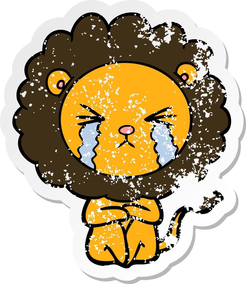 distressed sticker of a cartoon crying lion sitting huddled up vector