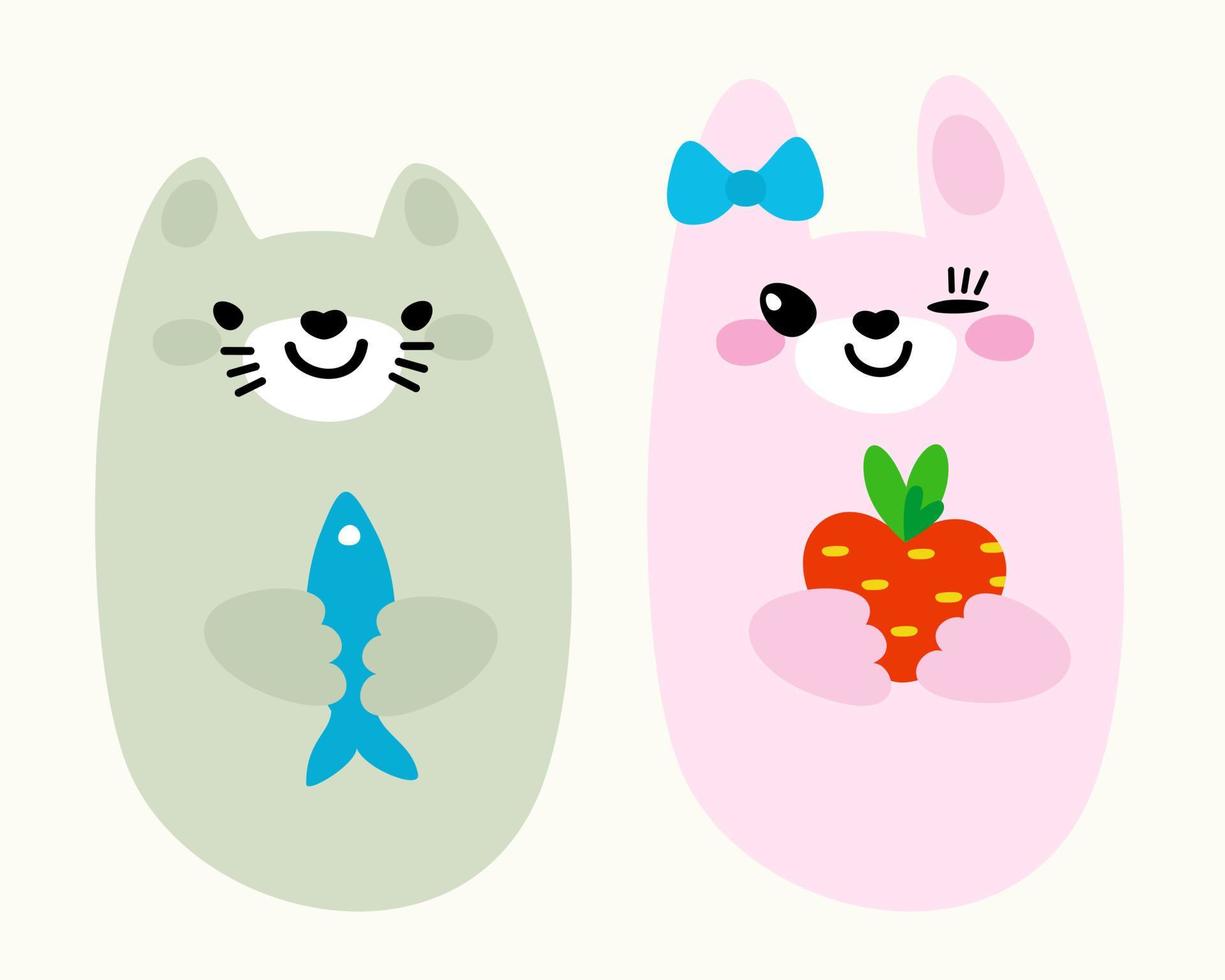 Kawaii animals, cat and bunny. Vector isolated illustration.