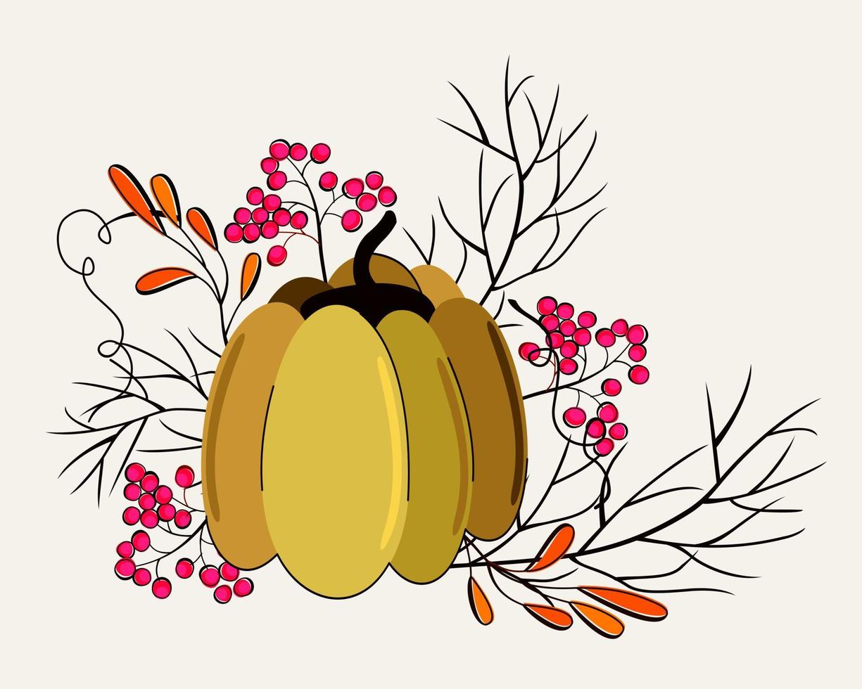 ilustración vectorial aislada de calabaza con ramas secas y bayas. vector