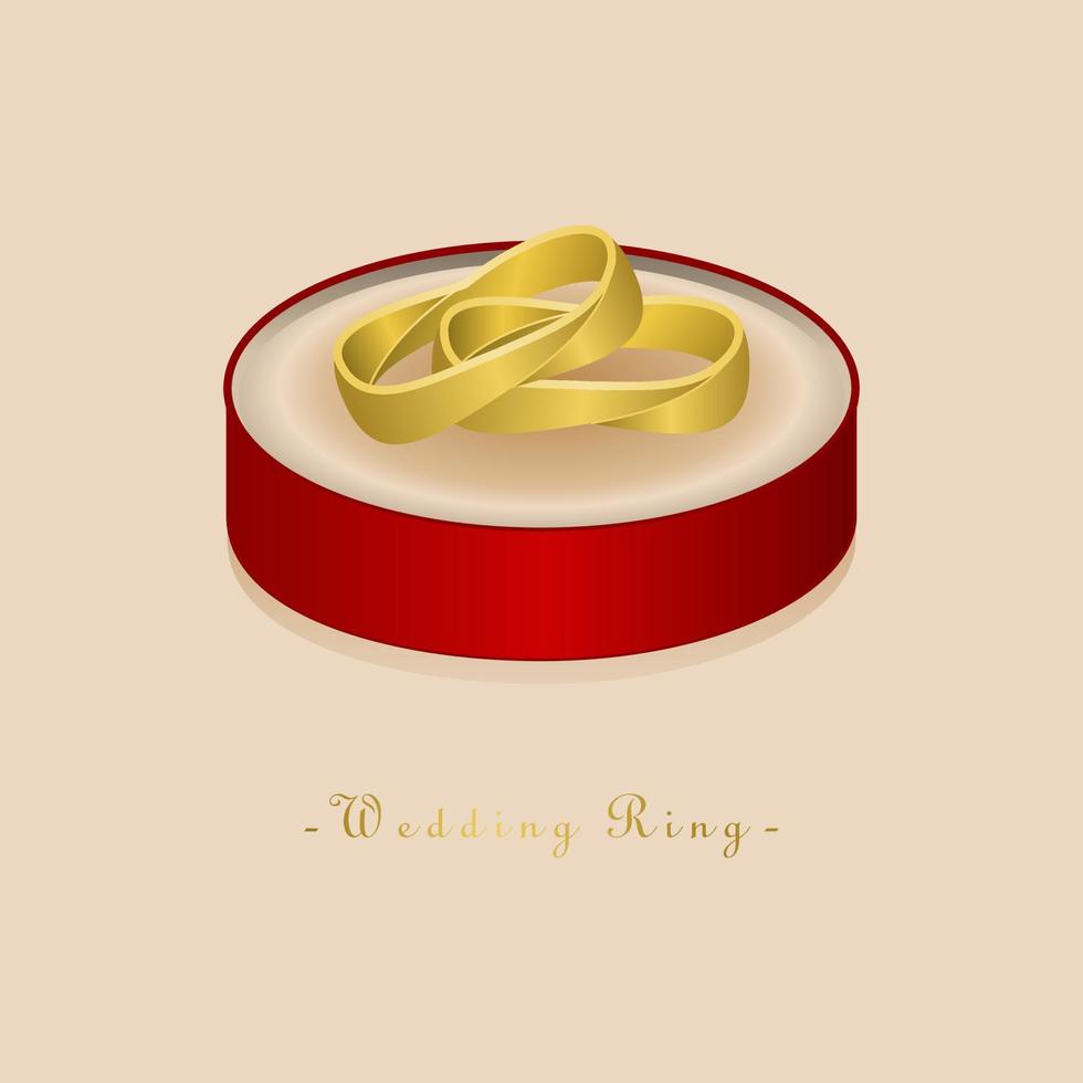 vector design of a pair of shiny gold spiral luxury wedding rings with red ring holder