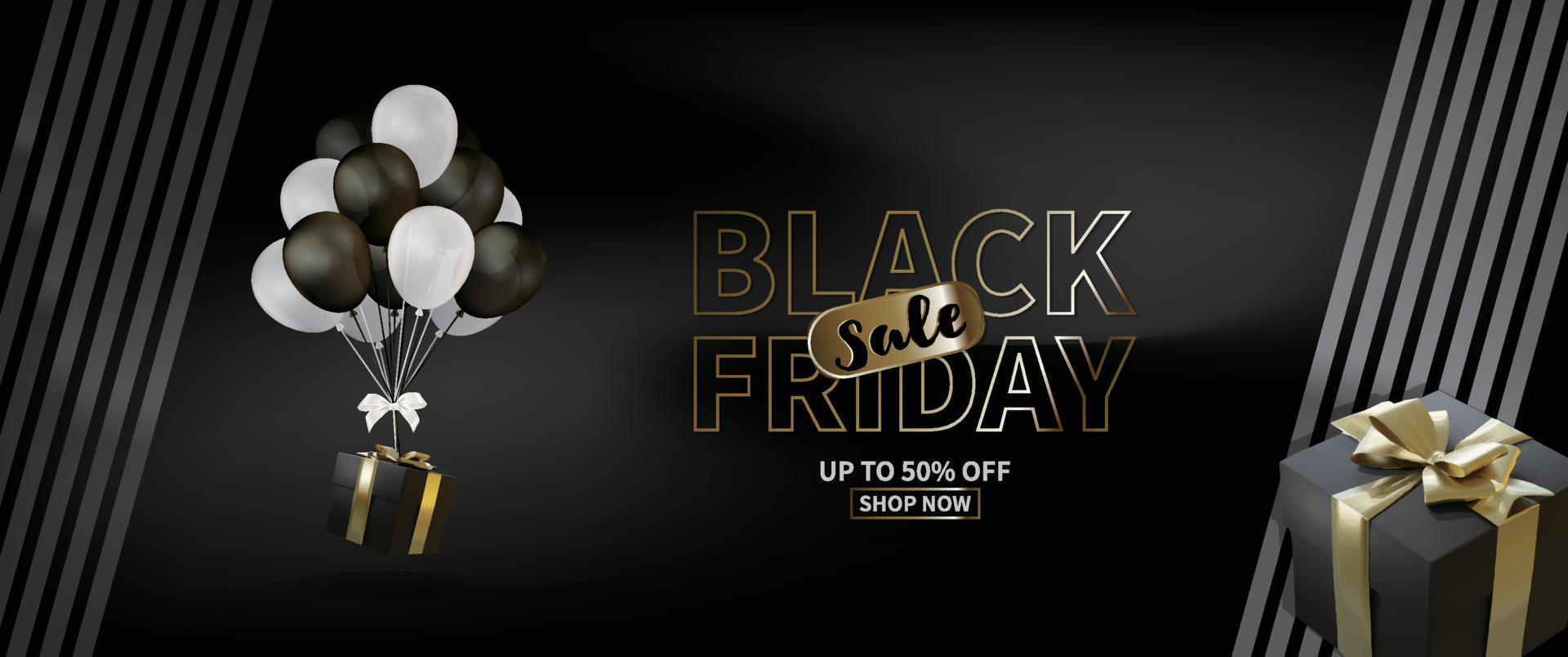 Black friday sale design with balloons, gift boxes vector