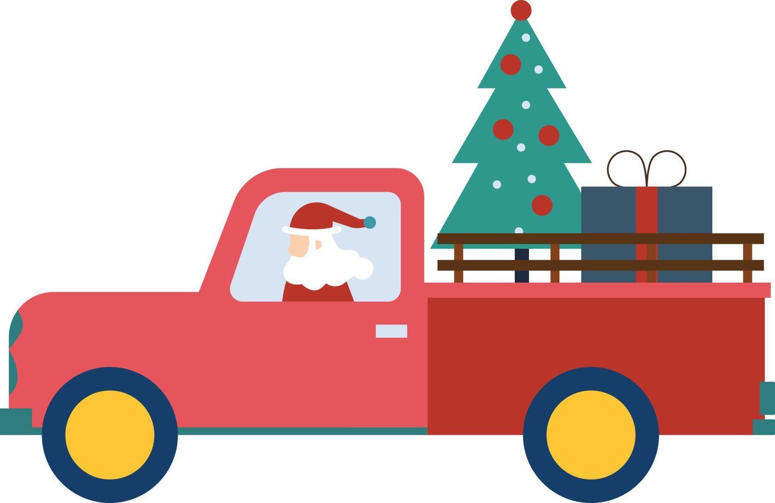 Santa is carrying a Christmas tree and presents in a truck. vector