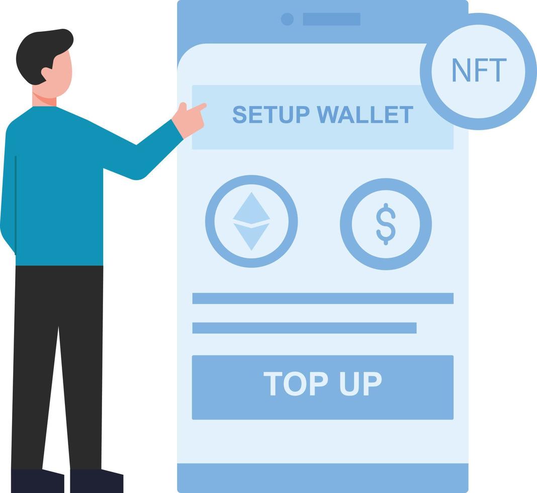 The boy set up the wallet online. vector
