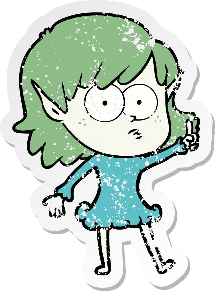 distressed sticker of a cartoon shocked elf girl vector
