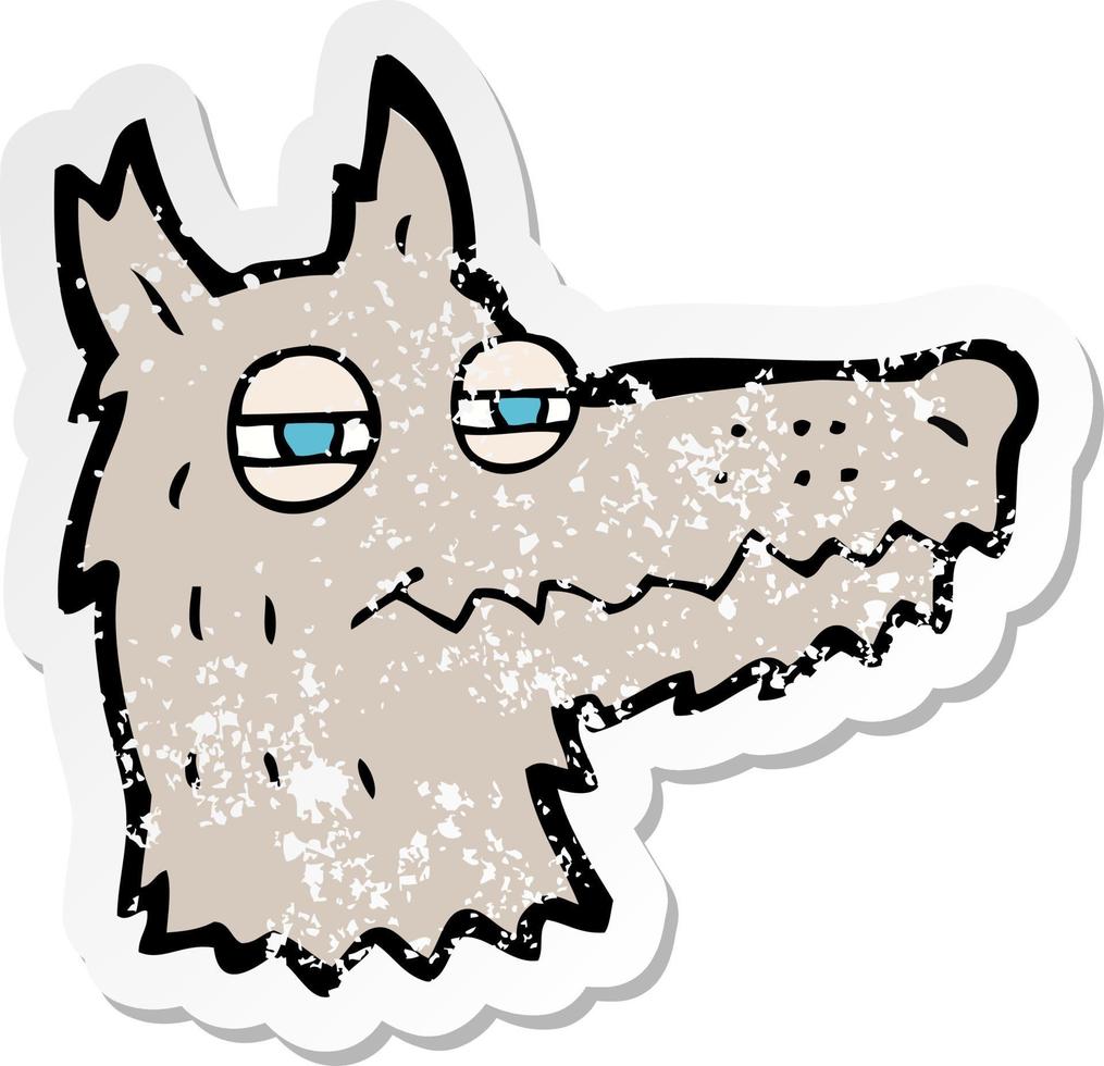 pegatina retro angustiada de una cara de lobo petulante de dibujos animados vector