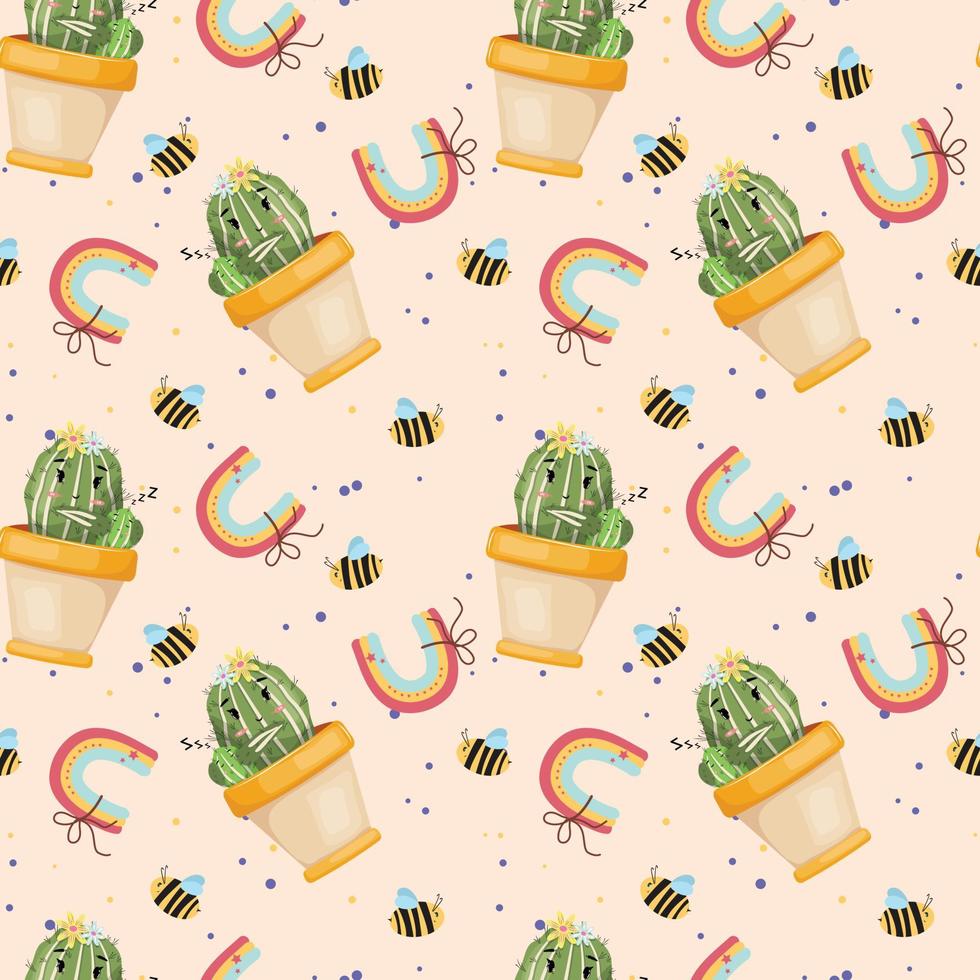 Cute seamless pattern with cactus mother and sleeping cactus baby, bees and rainbows. vector