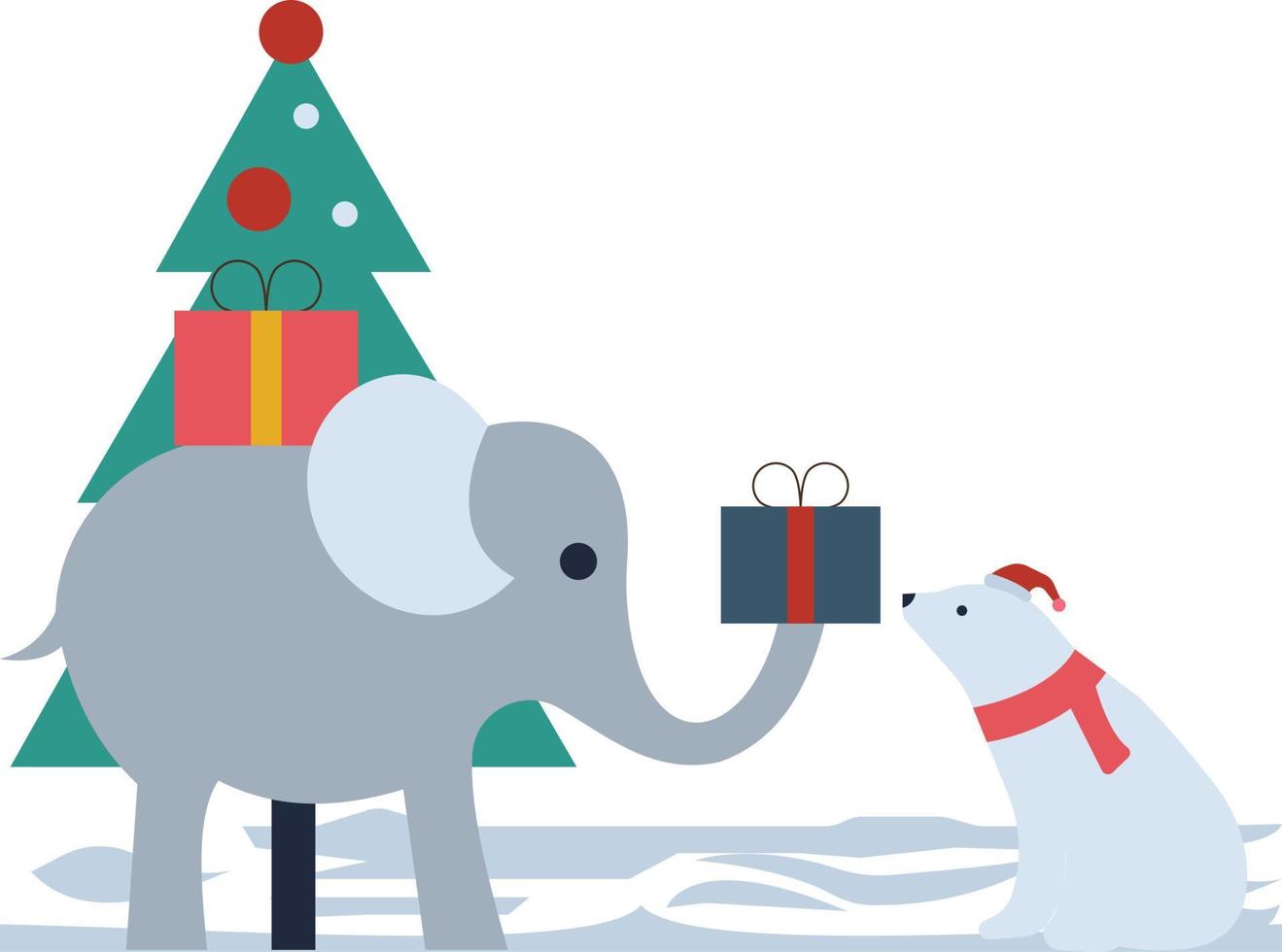 un elefante le está dando un regalo a un oso polar. vector