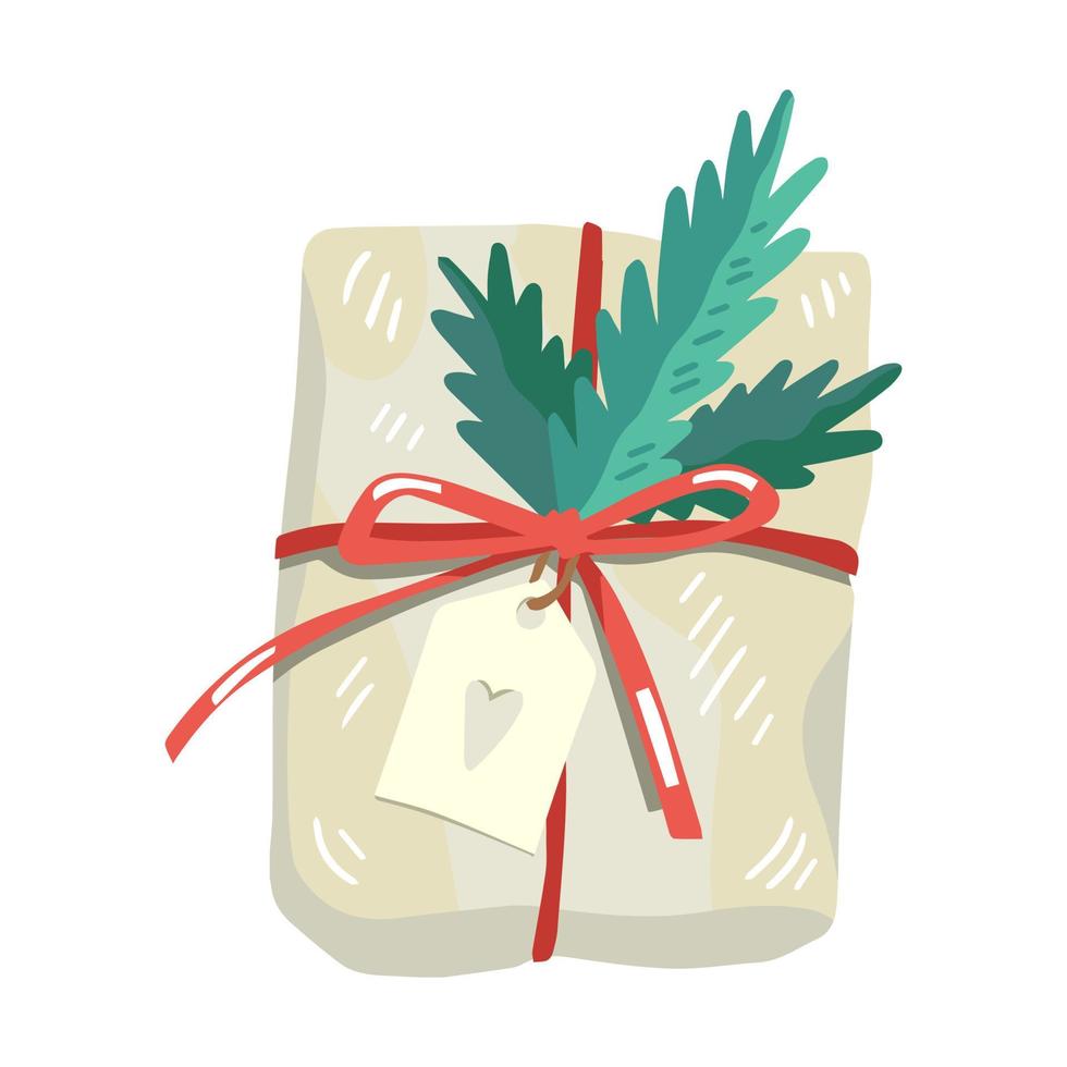 Christmas gift, decorated with plants, ribbons and recycled wrapping paper vector