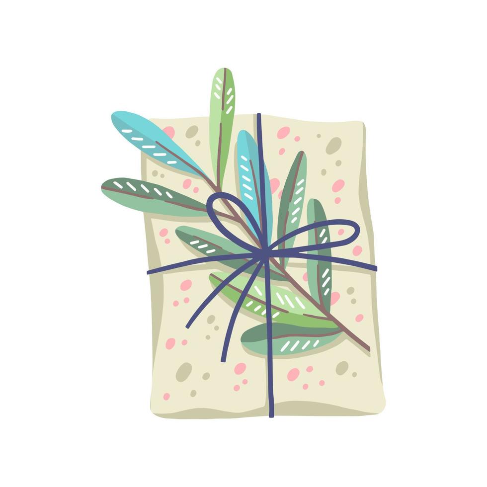 regalo de navidad, decorado con plantas, cintas y papel de regalo reciclado vector