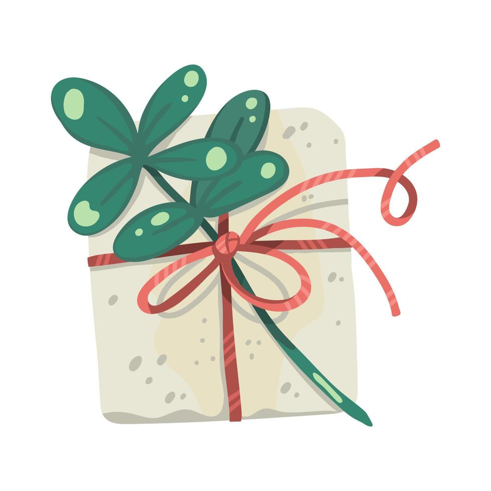 Christmas gift, decorated with plants, ribbons and recycled wrapping paper vector