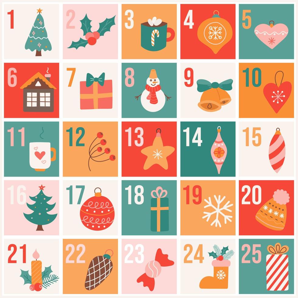 Christmas Advent calendar in flat hand drawn style, festive vector poster 11417312 Vector Art at