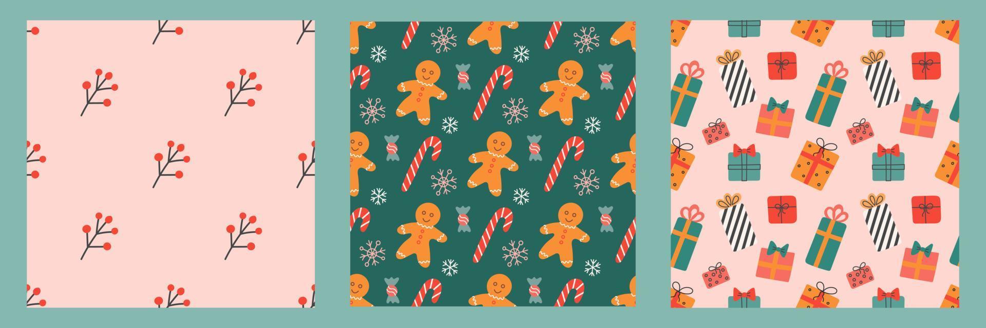Set of seamless patterns for Christmas and New Year. Vector cute holiday backgrounds