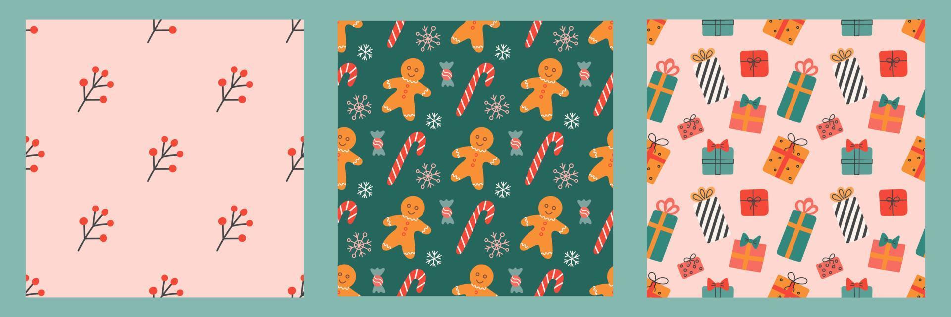 Set of seamless patterns for Christmas and New Year. Vector cute holiday backgrounds