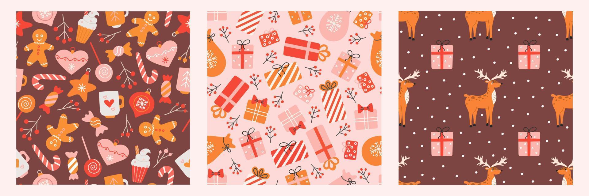 Set of seamless patterns for Christmas and New Year. Vector cute holiday backgrounds