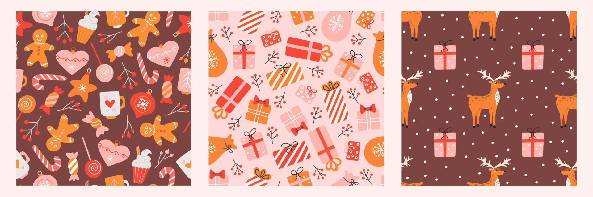 Set of seamless patterns for Christmas and New Year. Vector cute holiday backgrounds