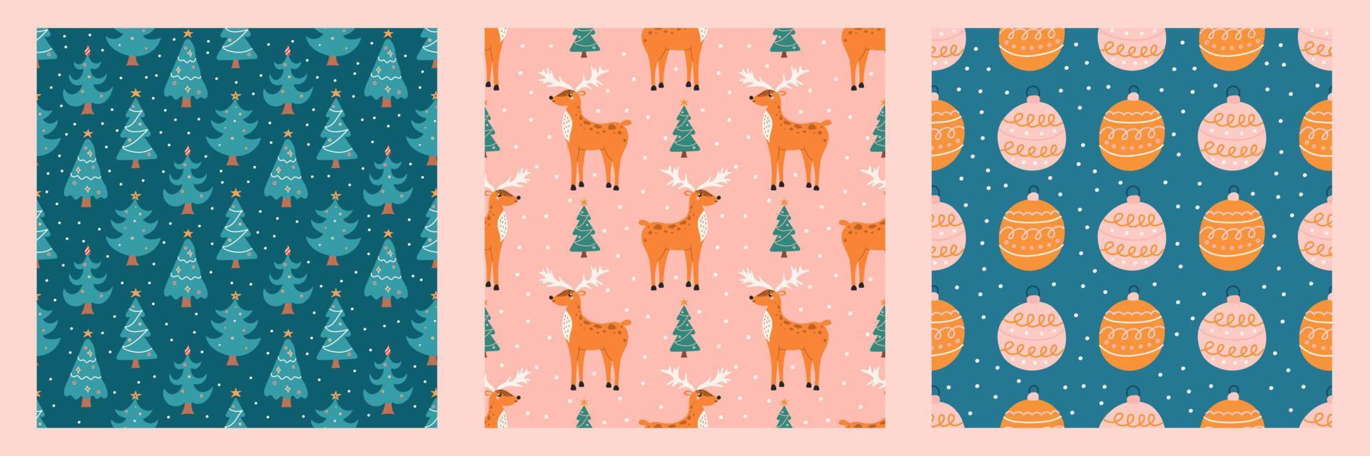Set of seamless patterns for Christmas and New Year. Vector cute holiday backgrounds