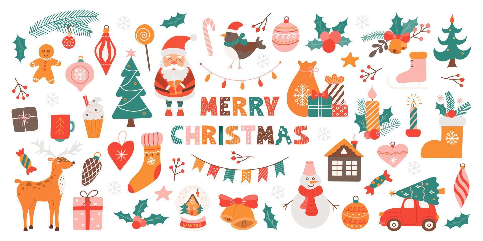 gran conjunto navideño de símbolos festivos y elementos de diseño. linda ilustración plana en estilo dibujado a mano sobre fondo blanco vector