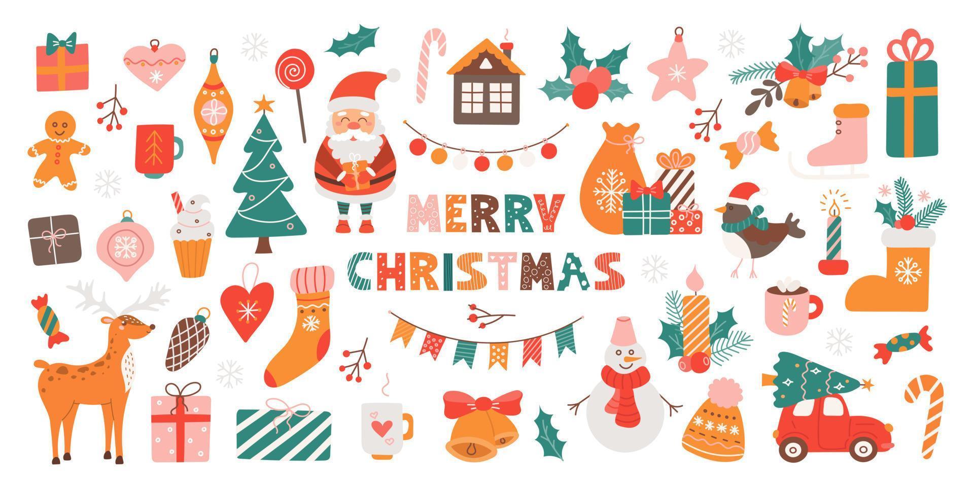 Big Christmas set of festive symbols and design elements. Cute flat illustration in hand drawn style on white background vector