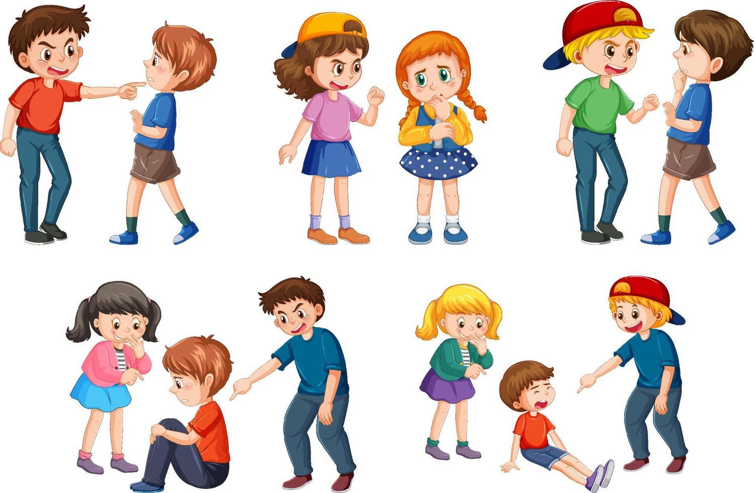 Bullying kids cartoon characters set vector