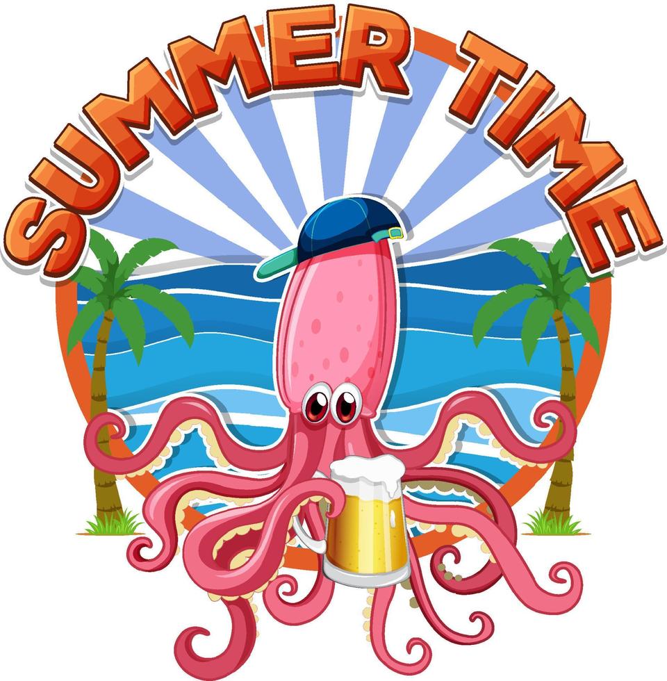 Summer time word with squid cartoon vector