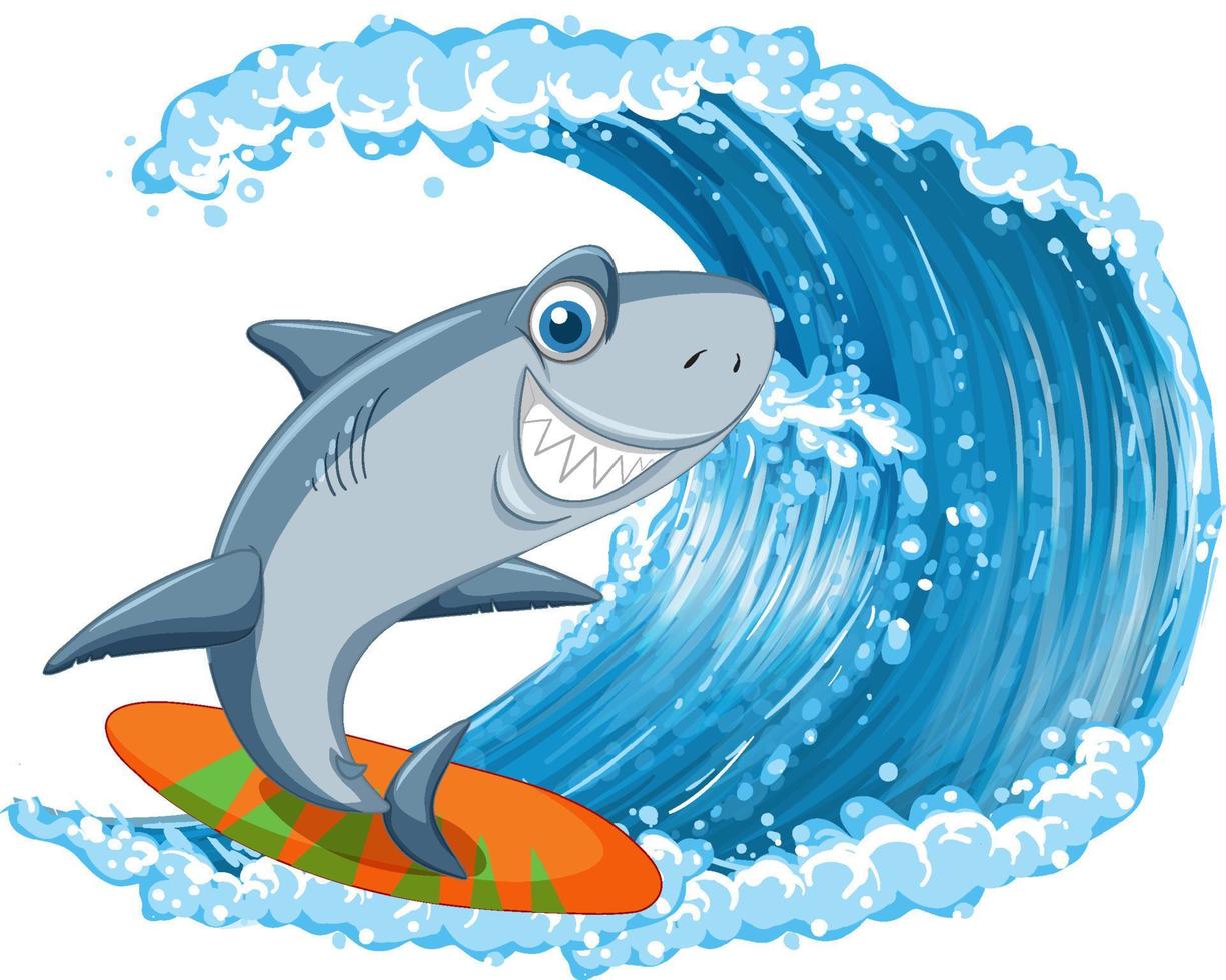 Shark on surfboard with ocean wave vector