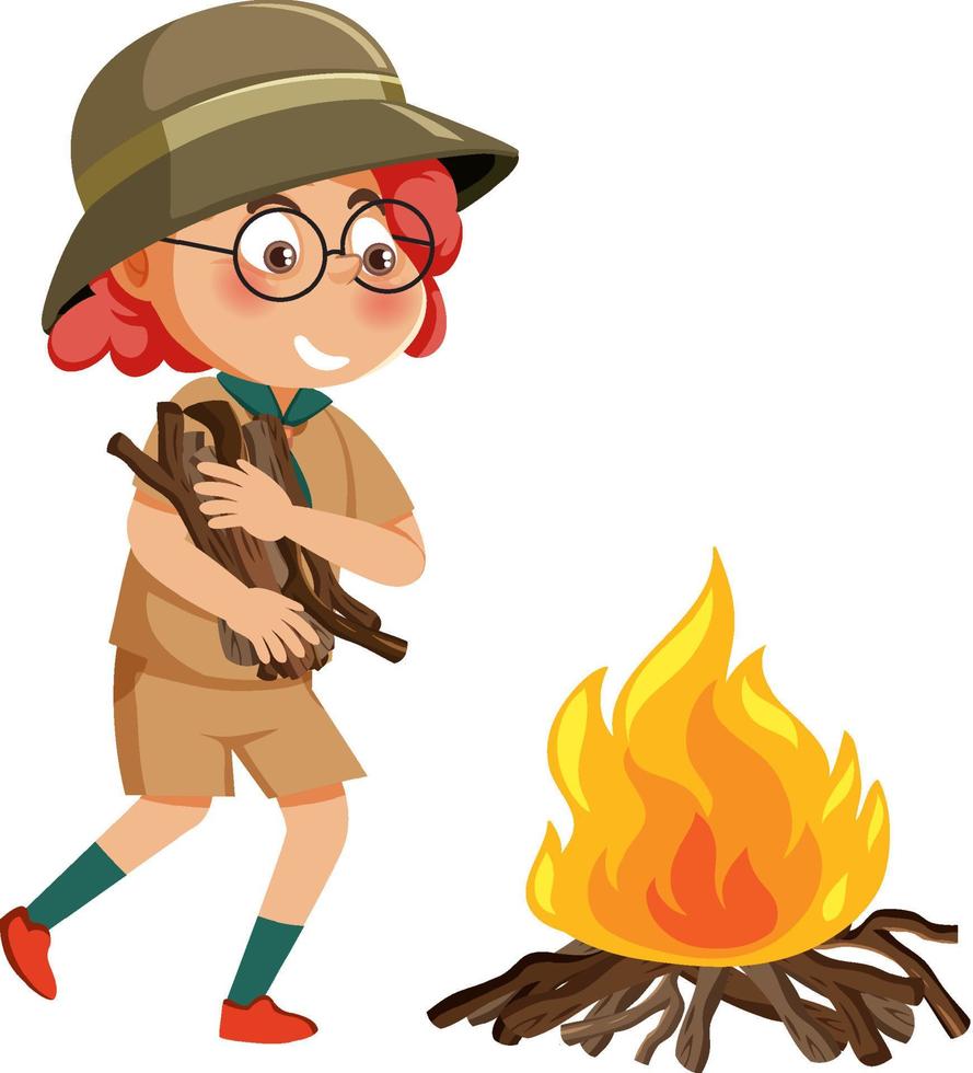 Cute girl scout cartoon character making fire vector