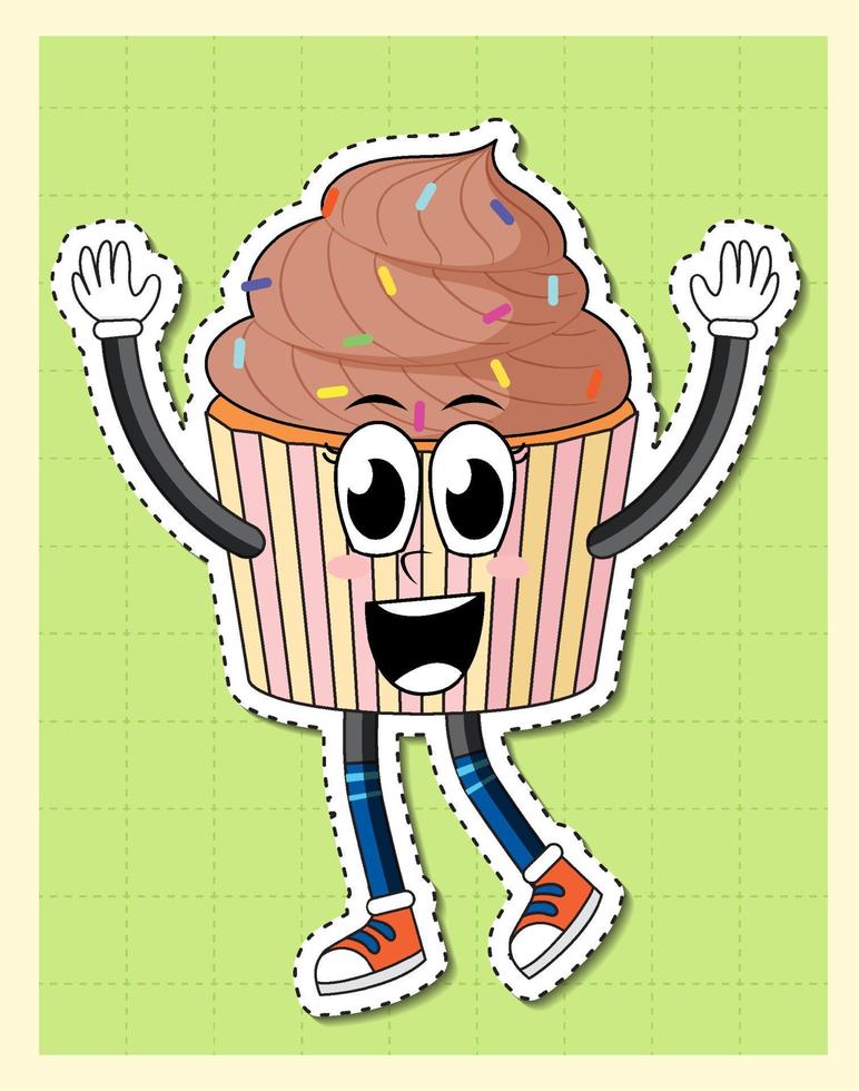 lindo personaje de dibujos animados de cupcake en el fondo de la cuadrícula vector