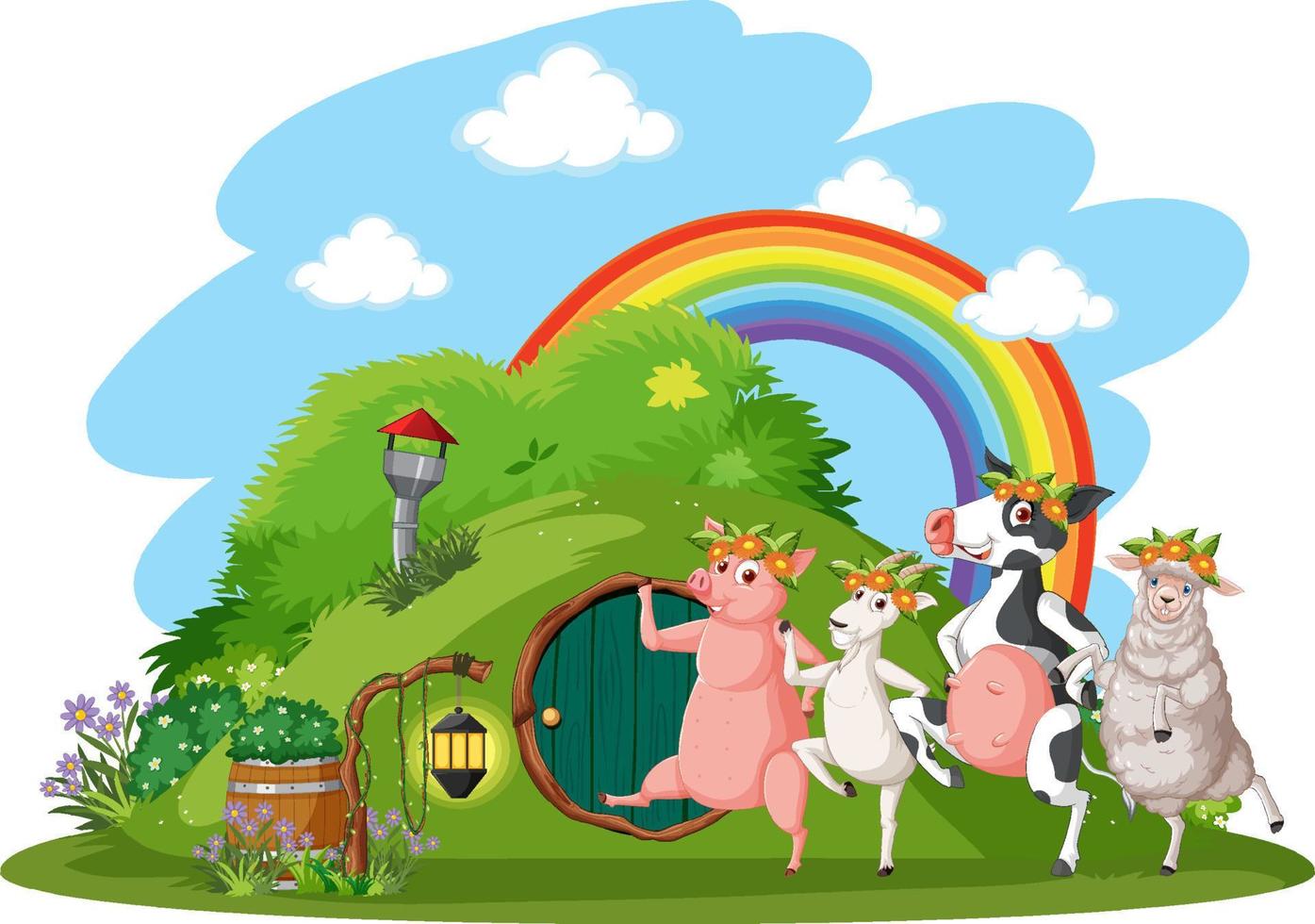 Farm animals dancing at hobbit house on white background vector