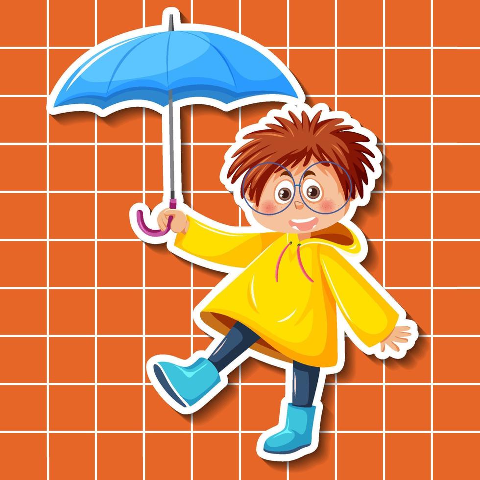 Cute boy cartoon character holding umbrella sticker style vector
