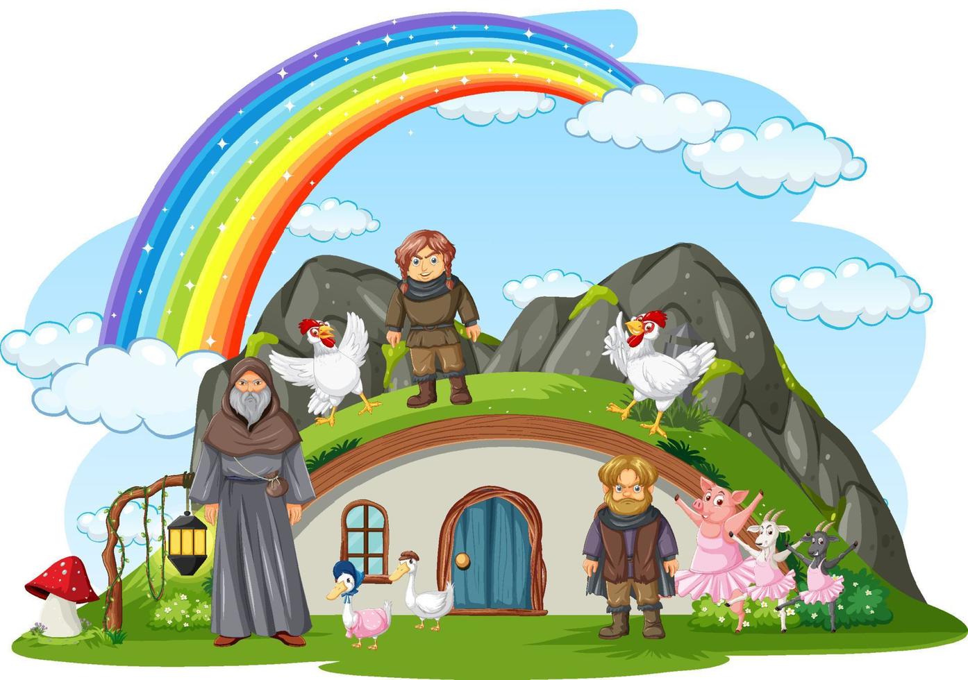 Hobbit and wizard at the countryside vector