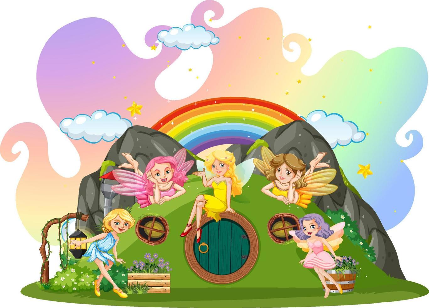 Fairies at hobbit house on white background vector