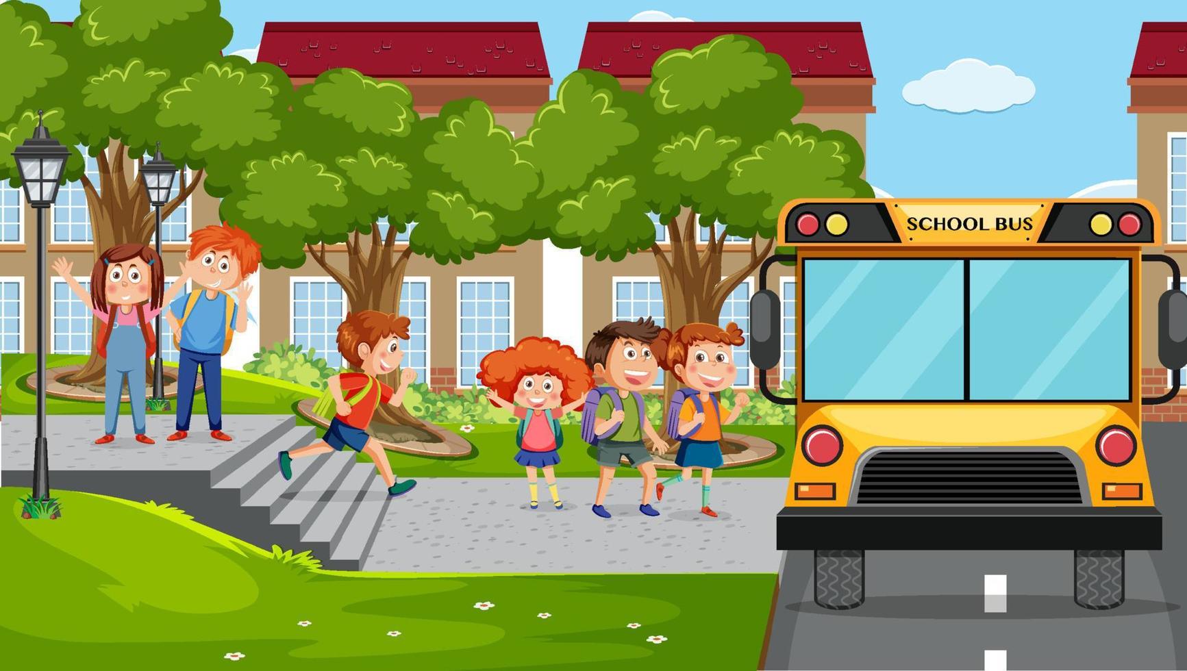 Outdoor scene with school bus and student vector