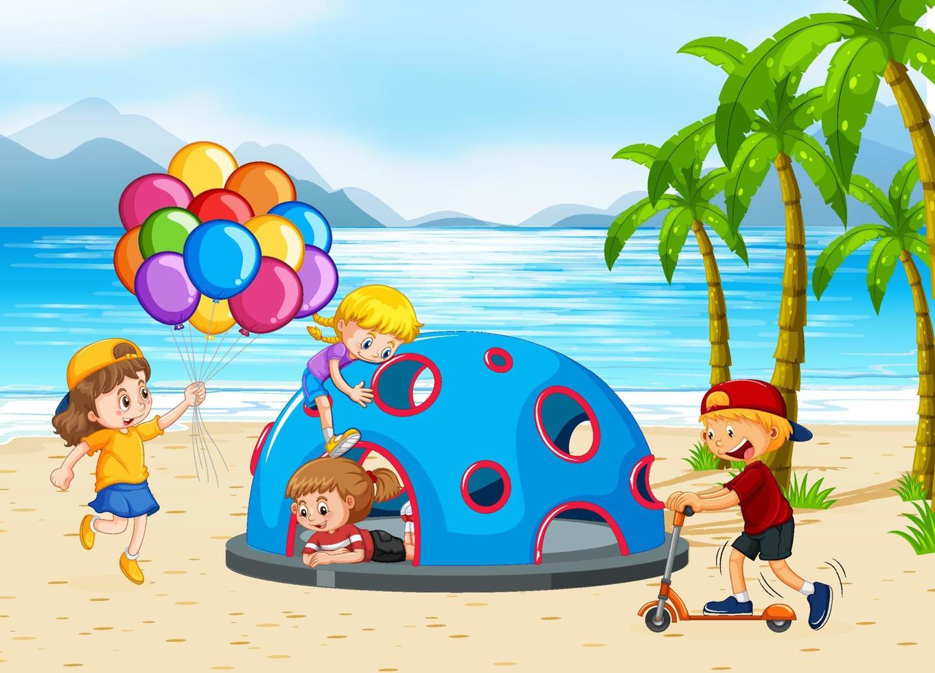 parque infantil en la playa con niños felices vector