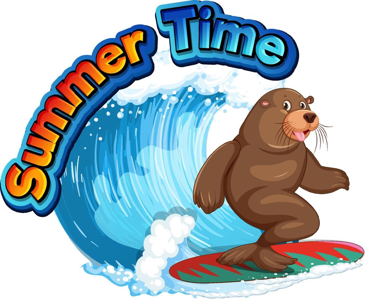 personaje de dibujos animados de leones marinos con palabra de horario de verano vector