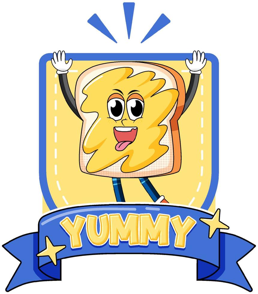 personaje de dibujos animados de pan mantecoso con insignia deliciosa vector