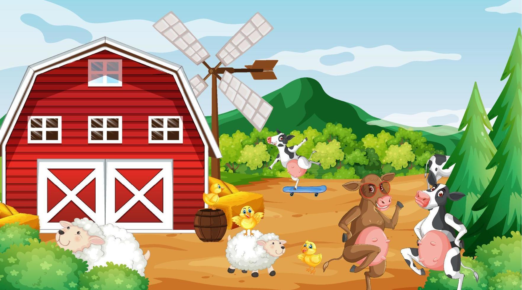 escena de granja de vacas al aire libre con dibujos animados de animales felices vector