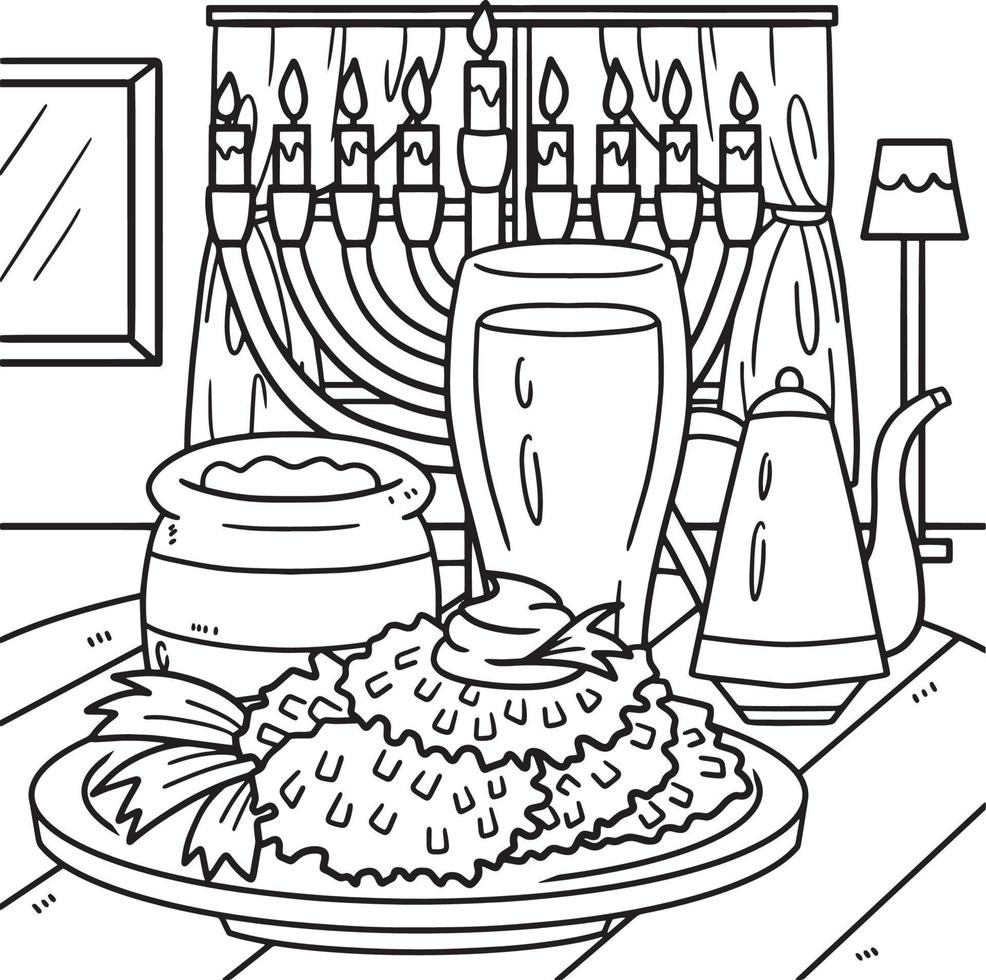 hanukkah latke con menorah página para colorear para niños vector