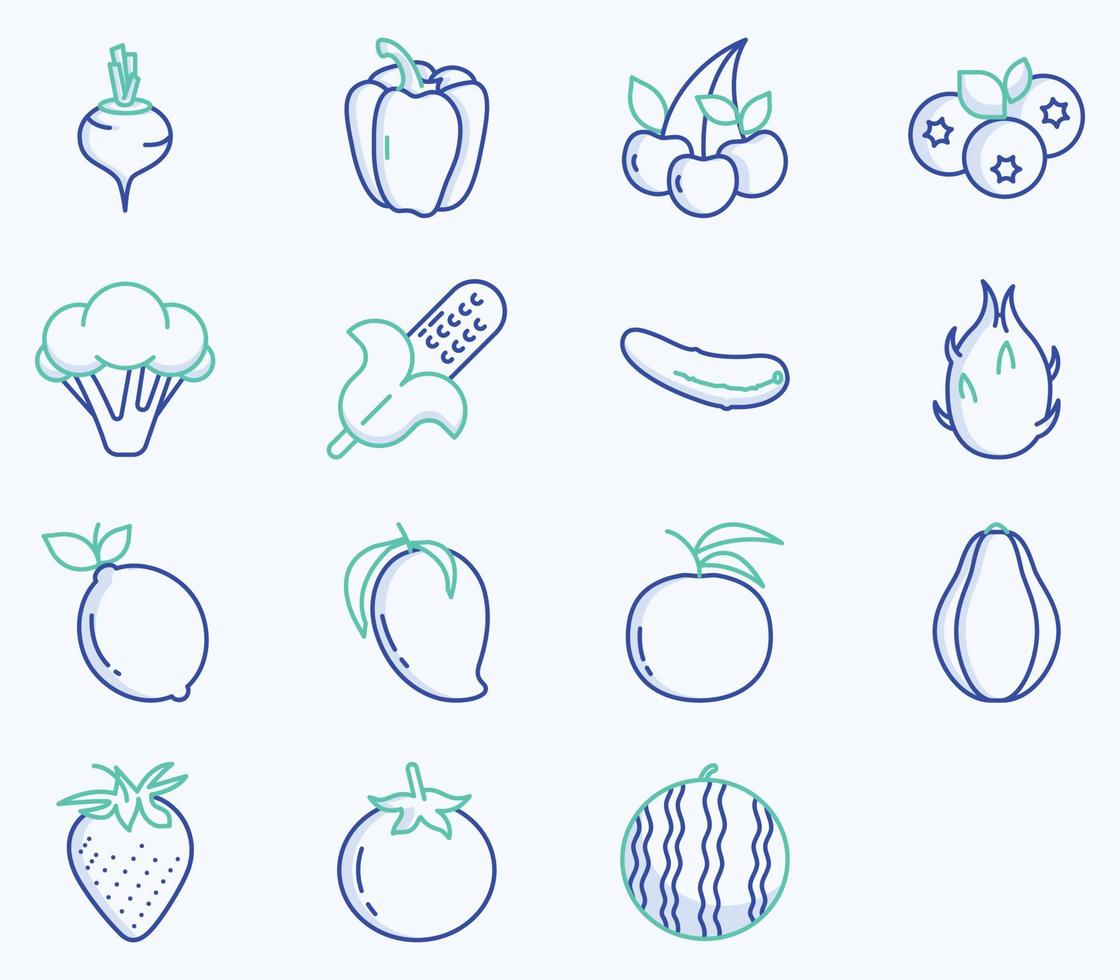 conjunto de iconos de frutas y verduras, vector vegano