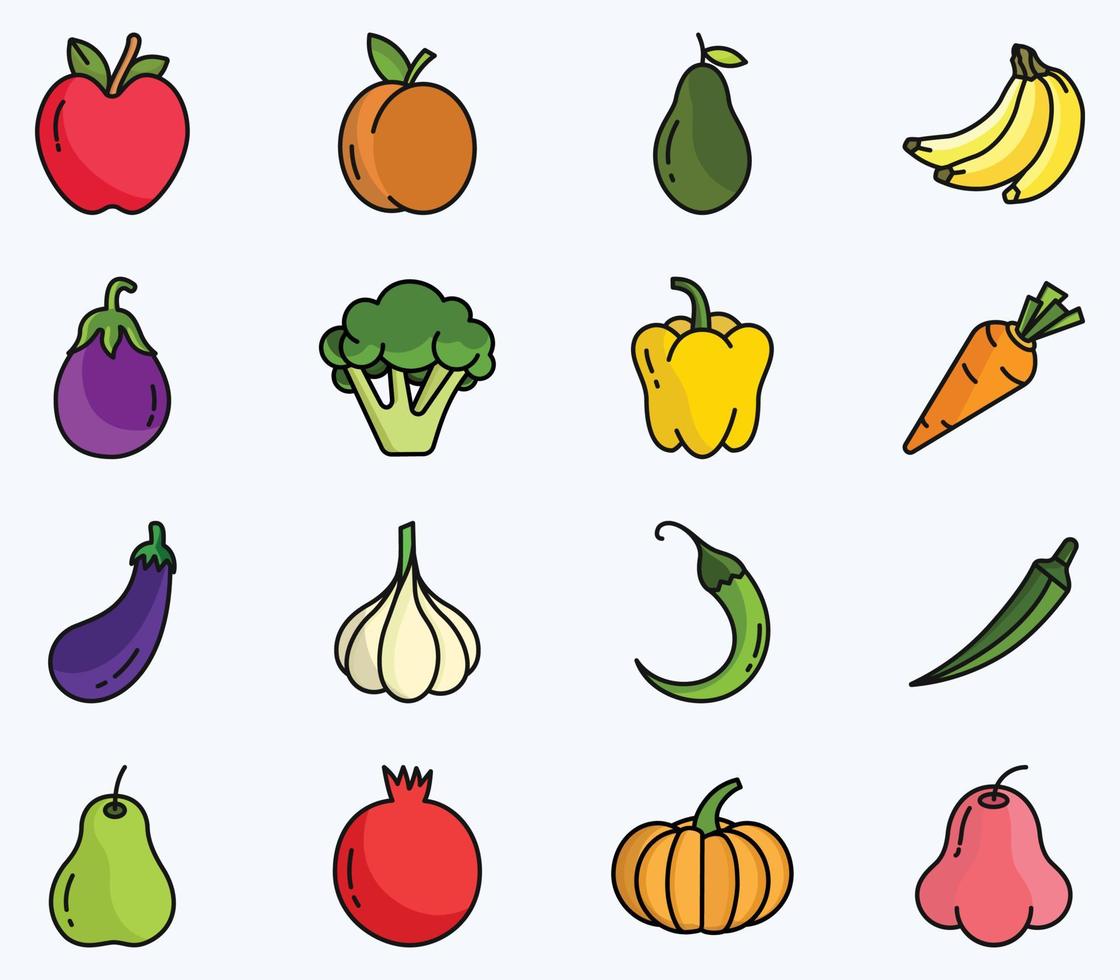 conjunto de iconos de frutas y verduras, vector vegano