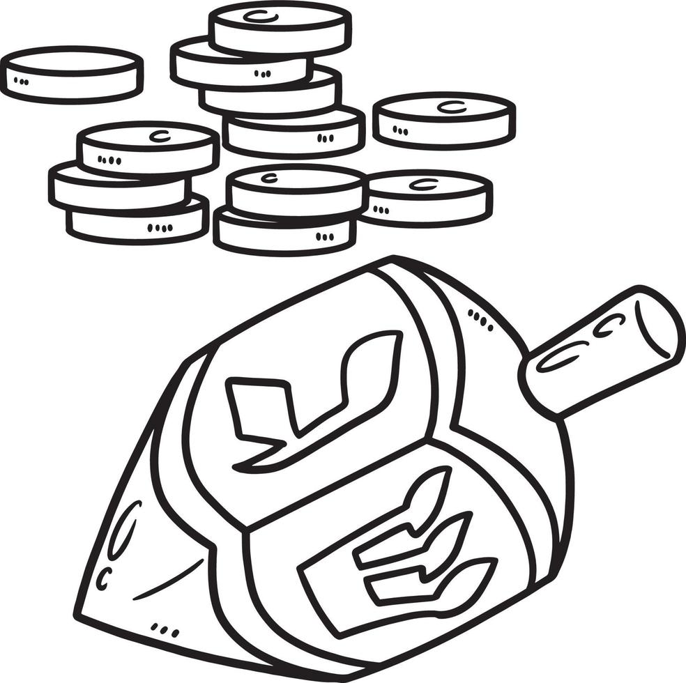 Hanukkah Dreidel and Coins Isolated Coloring Page vector