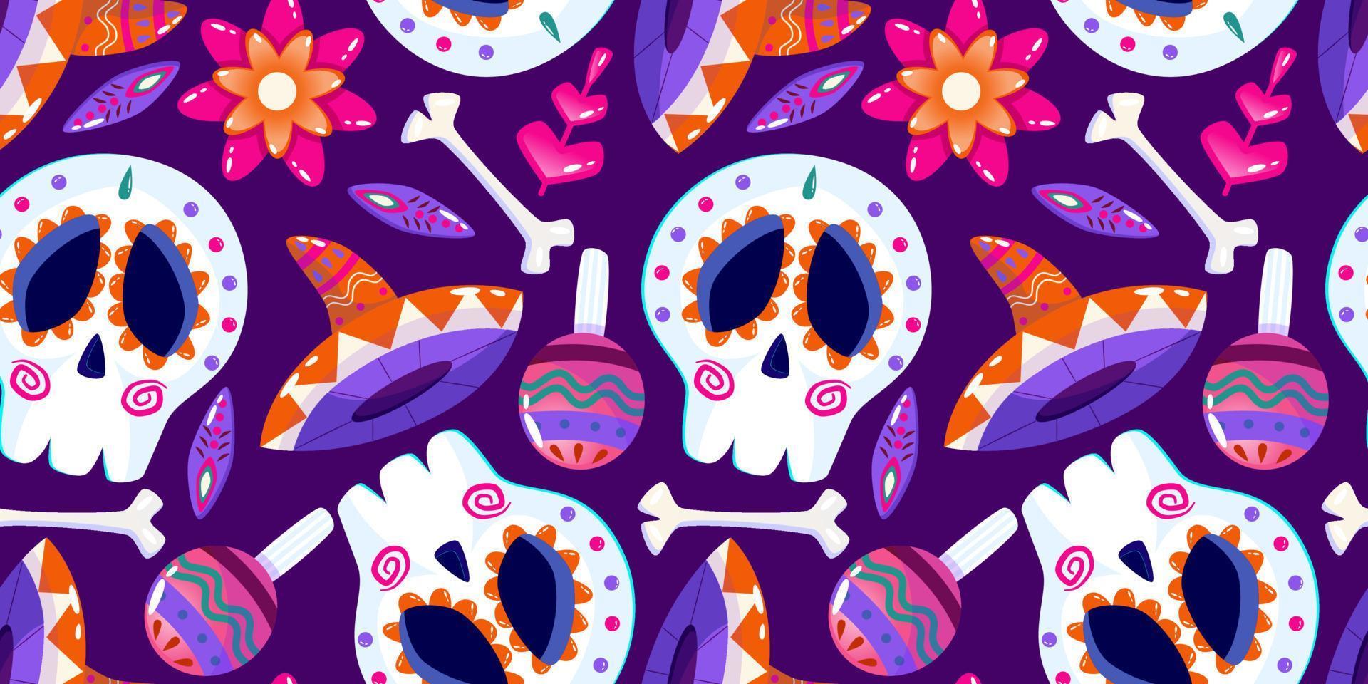 Muertos pattern with skull. Mexico day dead holiday. Floral skull face. Floral seamless background. Halloween seamless pattern. Purple background vector