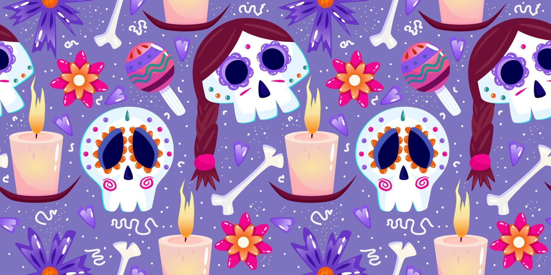 Muertos pattern with skull, candle and bone. Mexico day dead holiday. Floral skull face. Floral seamless background. Halloween seamless pattern. Purple background. vector