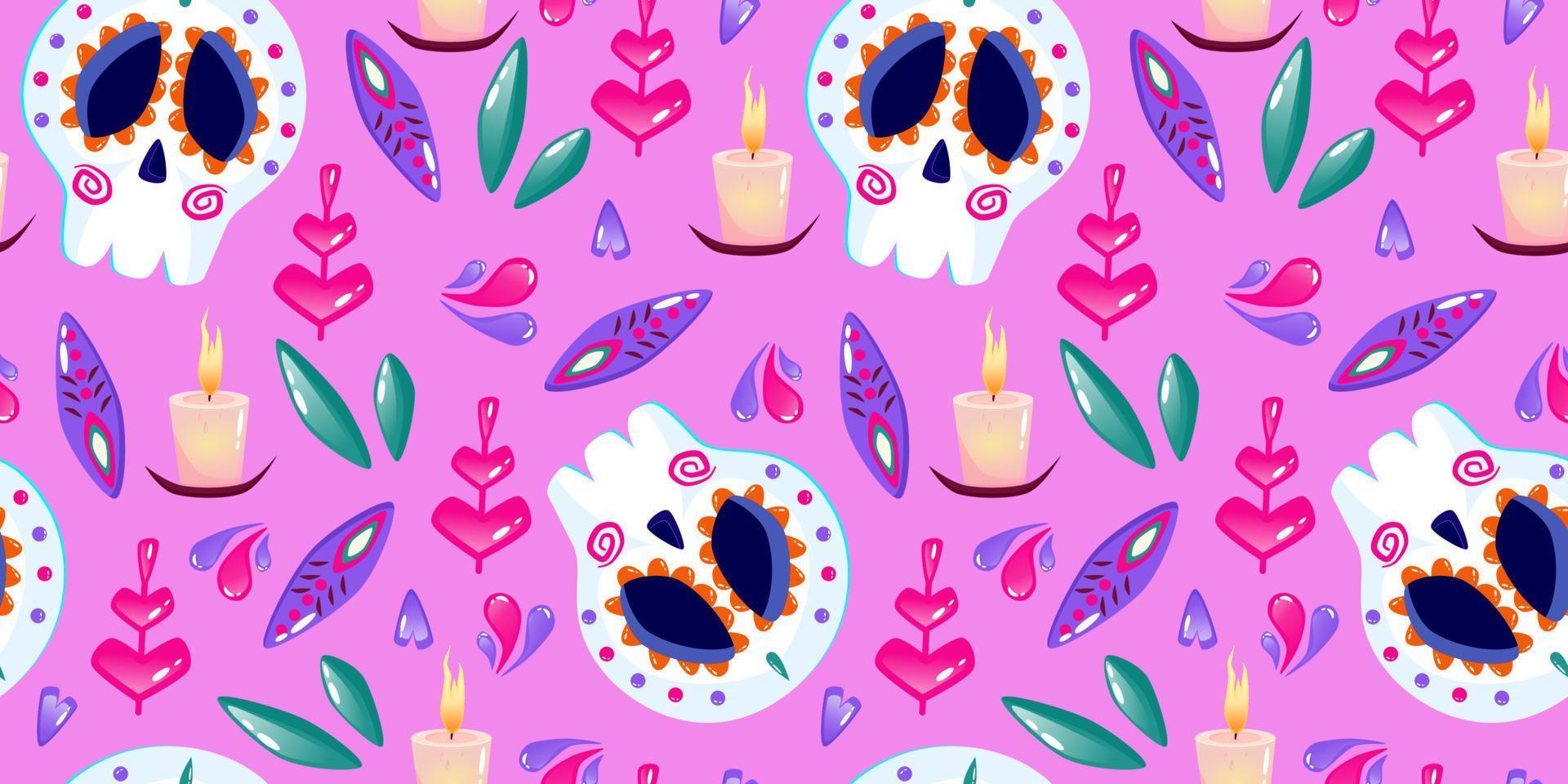 Muertos pattern with skull, candle and heart. Mexico day dead holiday. Floral skull face. Floral seamless background. Halloween seamless pattern. Pink background. vector