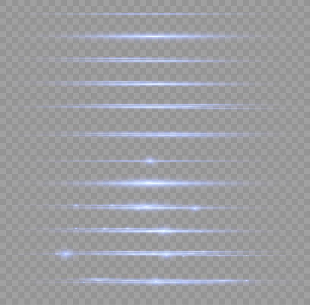conjunto de reflejos horizontales azules. rayos láser, rayos horizontales de luz. hermosos reflejos de luz. rayas brillantes sobre un fondo claro. vector